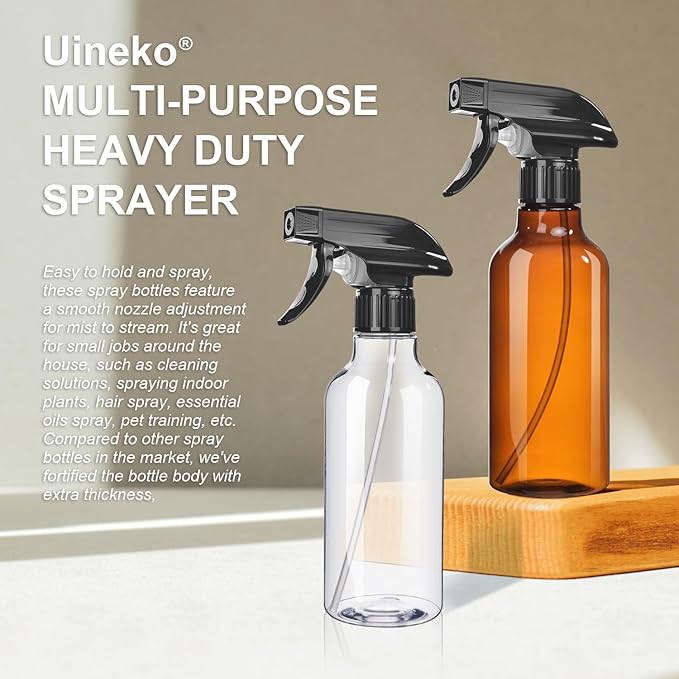 Spray Bottles 2-Pack, 10 Oz, Mist & Stream, Heavy Duty Spraying Empty Water Sprayer Bottle, BPA Free Plastic Refillable Containers for Cleaning Solutions, Plants, Hair, Essential Oils (Clear & Amber)