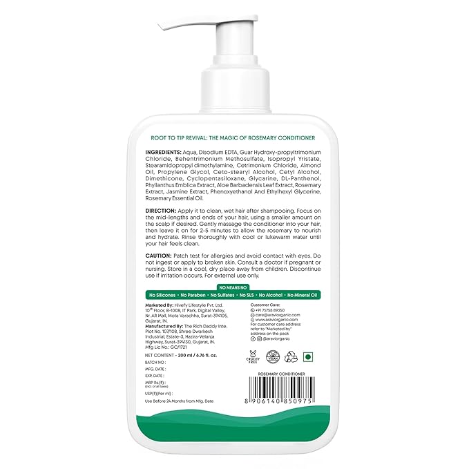 Aravi Organic Rosemary Hair Growth Conditioner - Enriched with Rosemary, Methi Dana & Hibiscus - For All Hair Types - For Men & Women - Sulfate & Paraben Free - 6.7 FL Oz / 200 ml