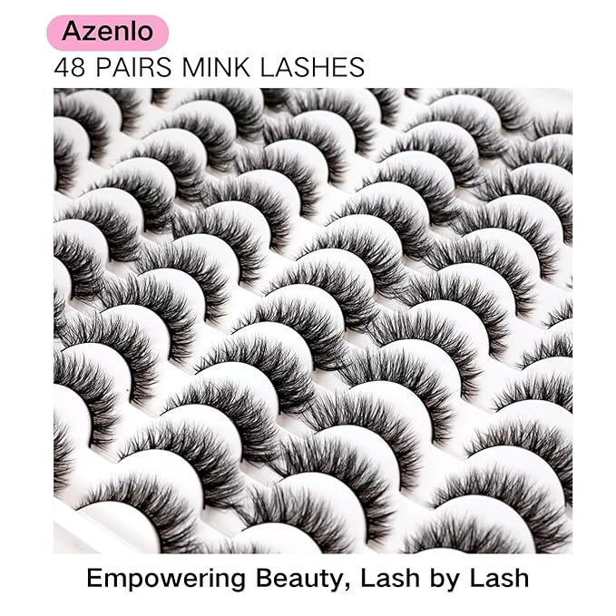 Azenlo False Eyelashes 48 Pairs Faux Mink Lashes 14mm Wispy Lashes 3D Fluffy Cat Eye Lashes Pack Bulk Wholesale Strip Lashes(style 48-045)