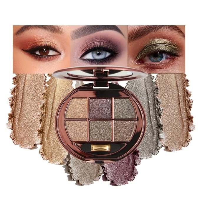 Warm Gold Brown Shimmer Eyeshadow Palette, 6 Color High Pigment Blendable Glitter Eye Shadow Makeup for Older Women, Lightweight Travel Friendly, Suitable for All Eye Shapes Glam Highlight Look 05#