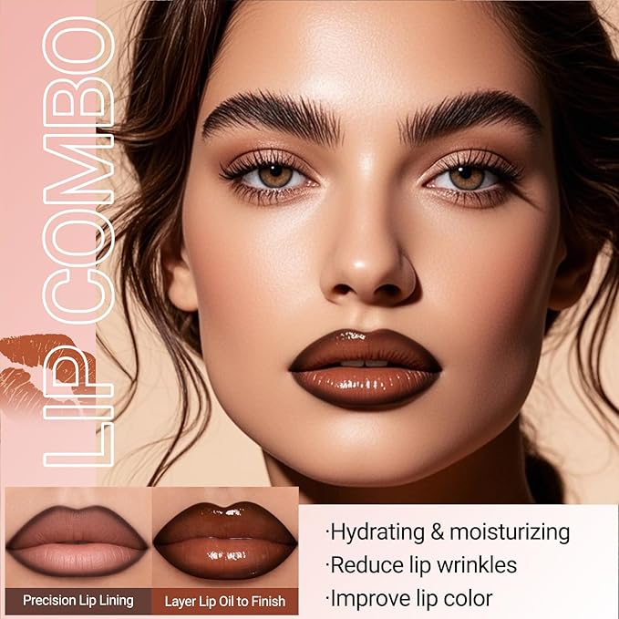 Erinde Lip Combo Set, Brown Lip Liner and Gloss Set, Nude Ombre Makeup, Lip Kit With Lip Liner and Gloss, High Shine Hydrating Lip Oil Non Sticky Finish, Waterproof Lipstick Pencil with Sharpener