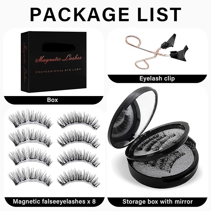 Magnetic Eyelashes with Applicator, 4 Pairs Reusable 3D False Lashes Natural Look, No Glue or Eyeliner Needed, Water Resistant Lightweight Makeup Kit for Daily Wear