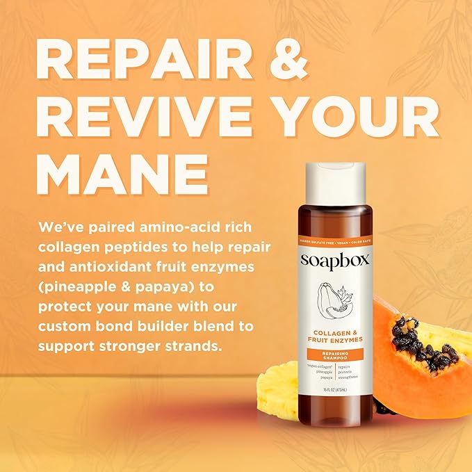 Soapbox Collagen & Fruit Enzymes Shampoo & Conditioner Set, Protects, Repairs & Strengthens Hair - Clean Ingredients Free of Harsh Chemicals, Sulfates, Parabens & Silicones - 16 oz Each