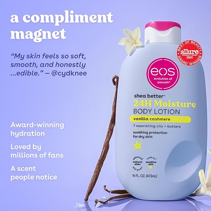 Bundle of eos Cashmere Lip Butter - Vanilla Cashmere, Plumping Peptides, Smoothing, 0.35 fl oz + Shea Better Body Lotion Vanilla Cashmere, 24-Hour Moisture Skin Care, Body Lotion, 16 fl oz