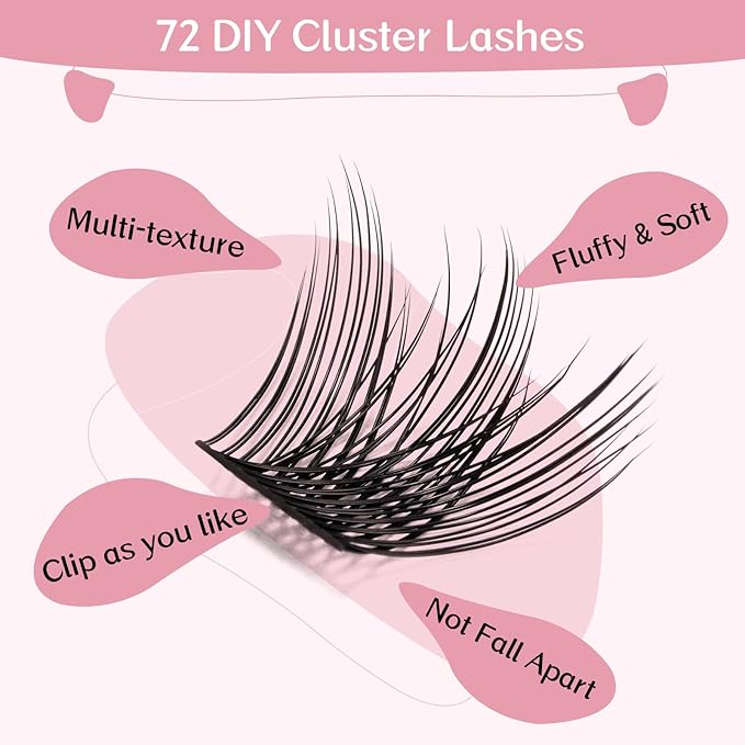 Cluster Lashes, 72 Pcs Individual Lashes, Lash Clusters DIY Eyelash Extension, Natural Lashes Super Thin Band Reusable Soft & Comfortable (Natural-C-16mm)