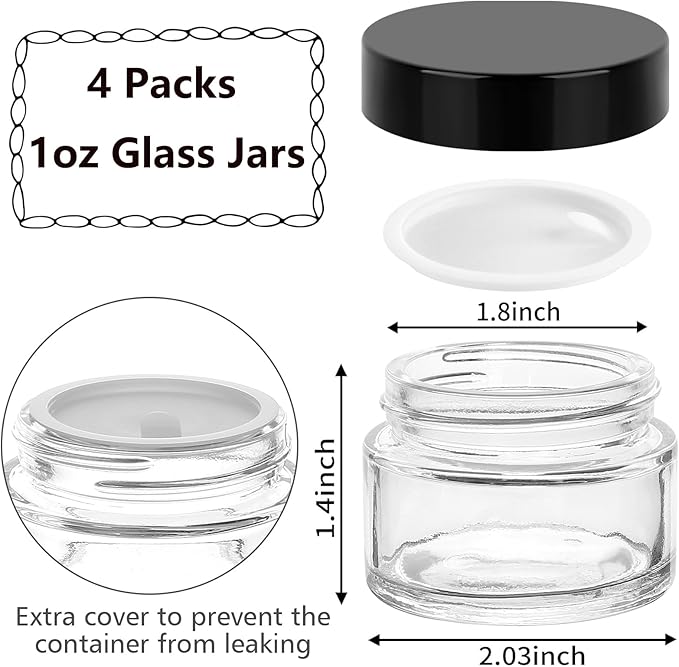 Accmor 1 OZ Glass Jars with Black Lids, 4 Pack Small Empty Cosmetic Containers Round Glass Travel Jars with Inner Liners & Spatulas, Makeup Sample Container for Storing Lotions, Cream, Ointments