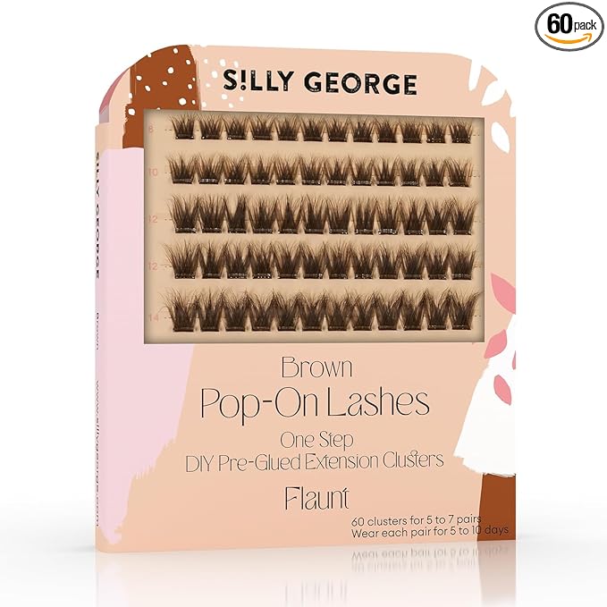 Silly George Pop-On Lashes - DIY 1-Step Pre-Glued Faux Eyelash Clusters, Natural Look Extensions, Light Brown - Flaunt, 5-7 Pair Set, Pack of 60 Clusters