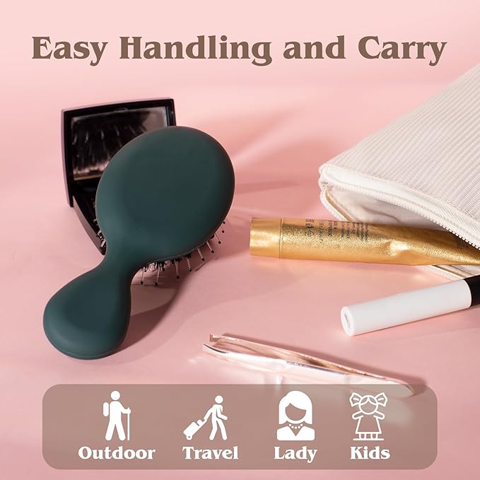 Mini Boar Bristle Hair Brush - Boar & Nylon Bristle Small Brush for Women Kids Long Short Hair to Smooth Add Shine - Travel Size Hair Brush for Purse,Pocket, Green