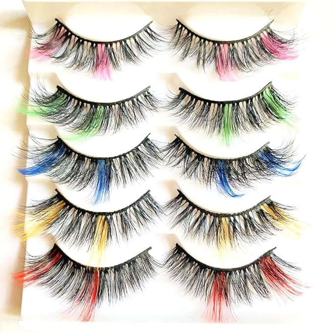 Sunniess Ombre Colored Lashes Silk Protein Fluffy Wispy Volume Fake Lashes for Halloweens Cosplay Party Stage Russian D Curl Lashes with Color Make up Faux Mink False Eyelashes