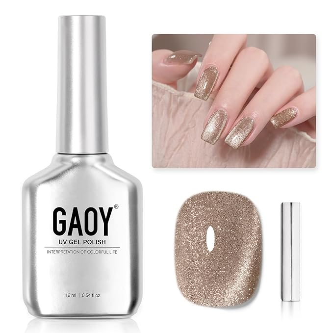 GAOY Champagne Glassy Cat Eye Gel Nail Polish, 16ml Glitter Holographic Nail Polish with Magnet, Reflective Translucent UV Gel, 2157 Fall Elegance