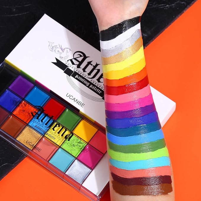 UCANBE Athena Face Body Paint Oil Makeup Set, 20 Colors FX Halloween Party Painting with Stainless Steel Mixing Palette and Spatula Tool,10 pcs Artist Paintbrushes,Tattoo Stencil Arts Crafts kit