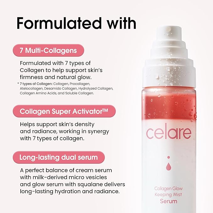 Celare Collagen Glow Mist Serum | 7 Collagens + 7 Peptides & Milk Exosomes | Ultra-Fine Firming Face Mist | Lightweight Hydration & Glow | Fragrance-Free K-Beauty | 3.38 fl. oz.