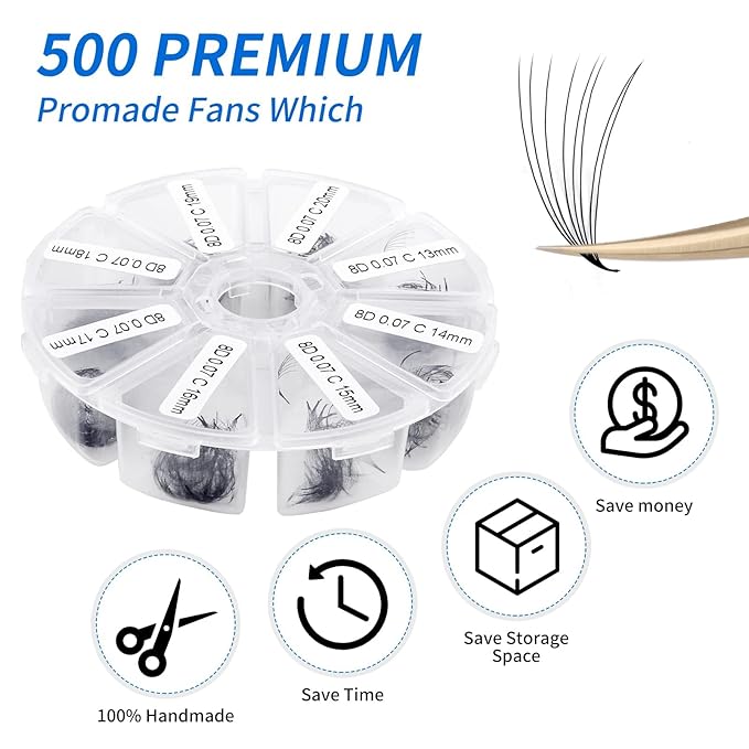 Premade Black Eyelash Extension 500 Fans Handmade Loose Volume Lashes 8D C/D Curl 13-20mm Mixed Pre-made Lash (500Pcs-8D-0.07-D, 13-20mm Mixed)