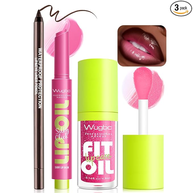 Brown Lip Liner & Pink Lip Gloss Set Moisturizing Lip Kit, Smooth Dark Brown Lip Liner Pencil Hydrating Lip Tinted Oil Non Sticky Lip Click Balm Lightweight Long Lasting Daily Lip Care for Women