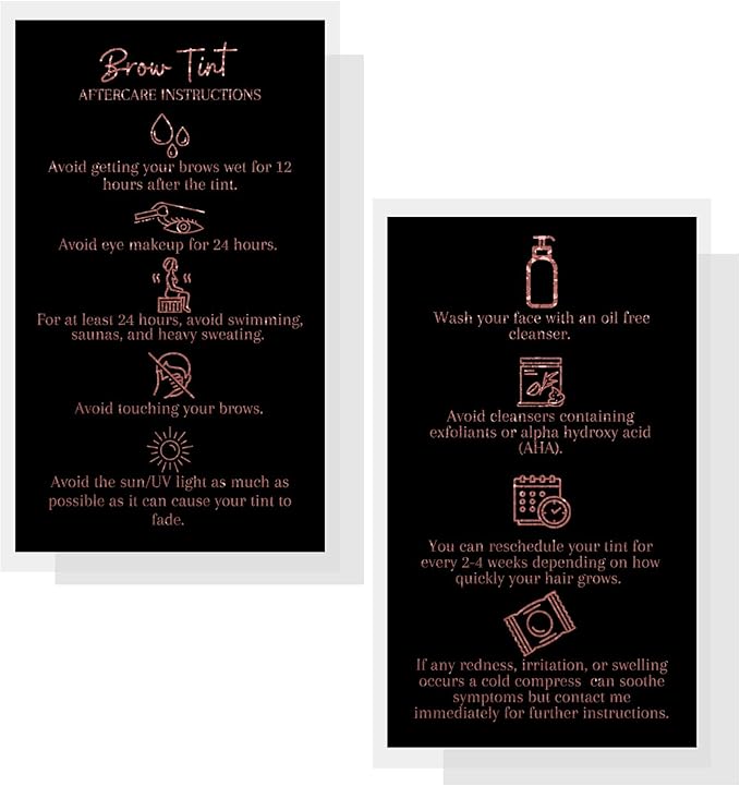 Brow Tint Aftercare Instruction Cards | 50 Pack | 2 x 3.5” inches Business Card Size | Starter Lift Kit with Tint at home diy aftercare supplies | Black with Rose Gold Design