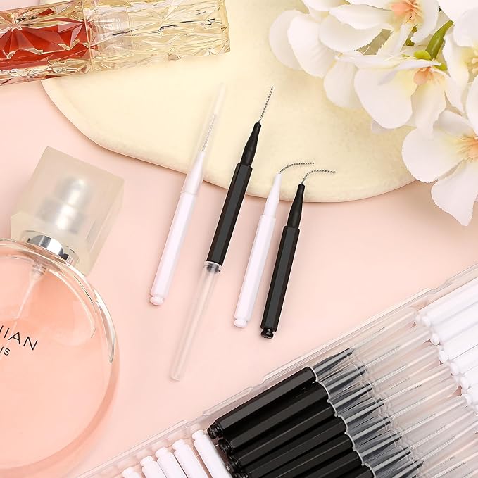 MAPVOLUT 120Pcs Micro Eyebrow Brush with Cap - Professional Makeup Kit for Brow Lamination, Eyelash Extensions & Beauty Salon Use - Multi-Purpose Eyebrow Tools for Home or Salon (Black, White)