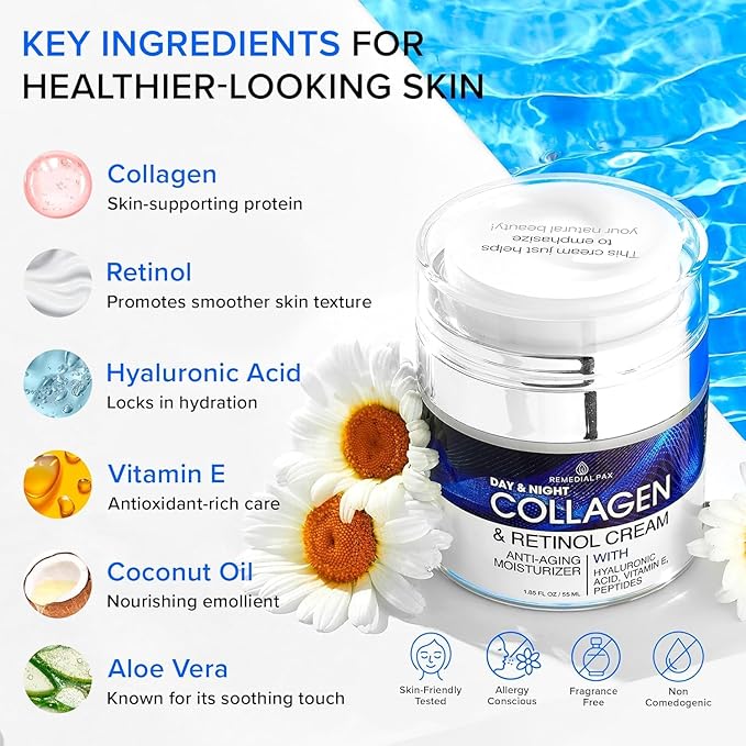 Collagen Face Cream with Retinol & Hyaluronic Acid - Anti Aging Moisturizer for Women & Men, Firming Day & Night Cream for Wrinkles, Hydrating Facial Lotion for All Skin Types
