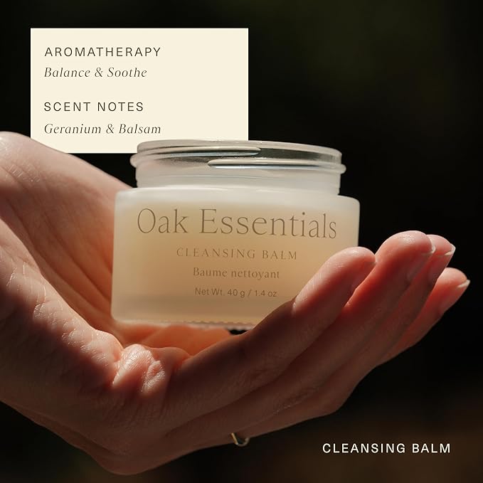 Oak Essentials Cleansing Balm, Balm-to-Oil Makeup Remover with Avocado, Organic Sesame, and Safflower Seed Oils, Gentle Hydrating Face Cleanser, 1.4 Oz