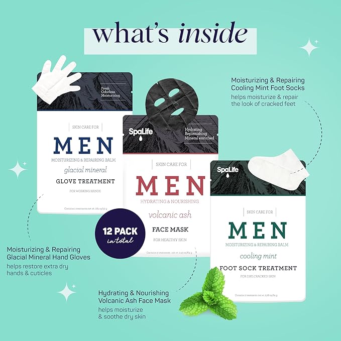 SpaLife Men's 12-Piece Spa Set | Fathers Day Gifts | Repairing Hand Gloves for Dry Hands, Cooling Mint Foot Socks for Cracked Heels, and Moisturizing Face Mask