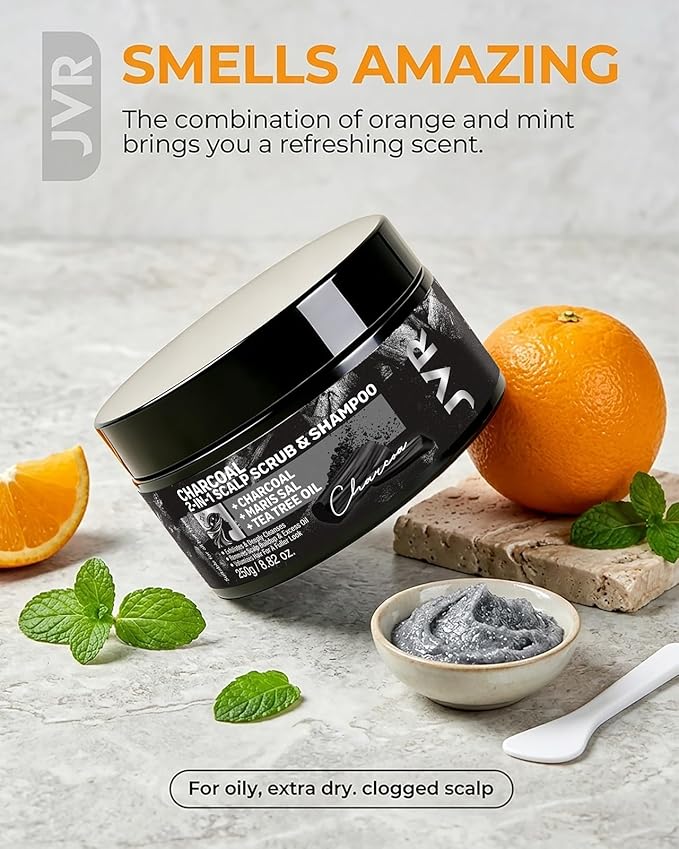 JVR Scalp Scrub Shampoo Charcoal 2-In-1 Scalp Exfoliator to Clarify Build Up, Dexofiy & Purify Cleanser for Shine & Hydration - Sea Salt, Tea Tree Oil, Vegan & Cruelty Free for Dry or Oily Scalp 8.8oz