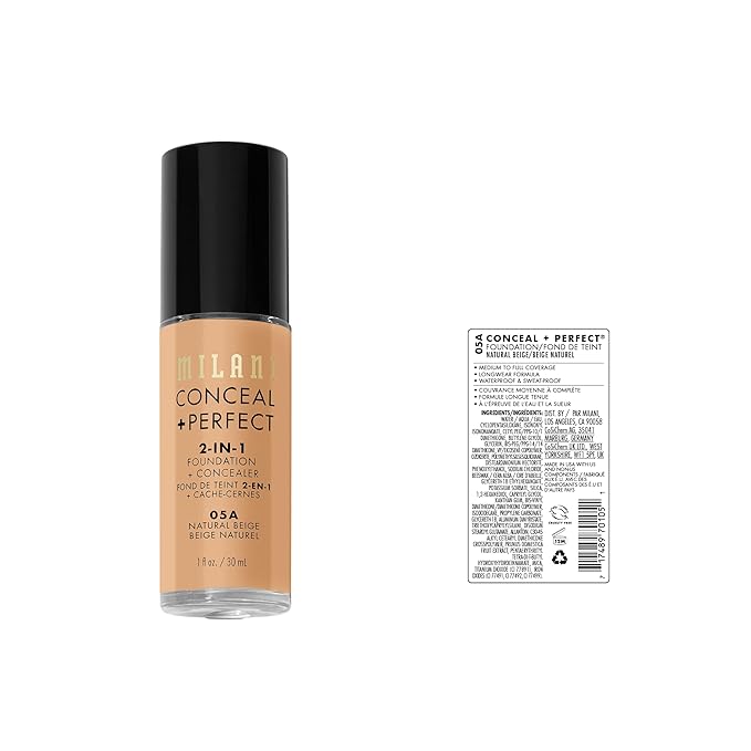 Milani Conceal + Perfect 2-in-1 Foundation + Concealer for a Flawless Complexion, Under Eye Corrector, Cover Redness and Imperfections, Waterproof and Sweatproof - 05A-Natural Beige