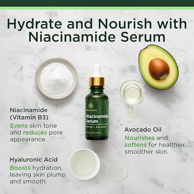 Tree of Life Niacinamide Serum For Face (Vitamin B3) - Pore Tightening Face Oil with Hyaluronic Acid & Vitamin E for Uneven Tone & Sensitive Skin - Dermatologist Tested, 2 Fl Oz
