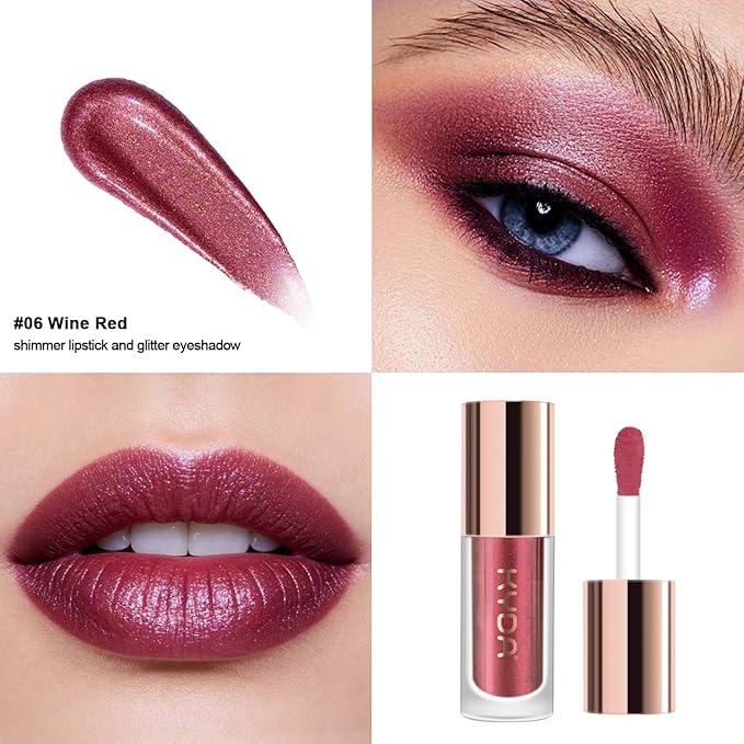 KYDA Liquid Glitter Eyeshadow, High Pigment Wine Red Metallic Glittery Finish, Soft Lightweight Creamy Formula, One-Swipe Coverage, Long-wearing Crease-Resistant Eyes Glitter Makeup, 0.25oz