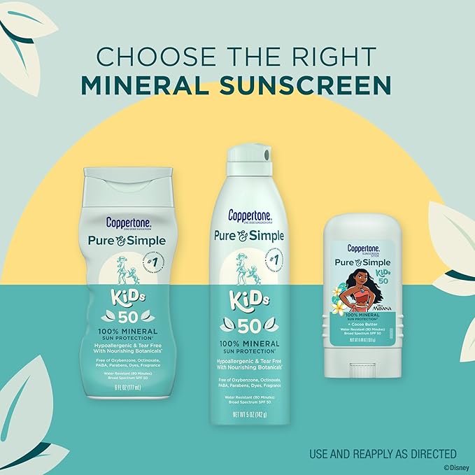 Coppertone Pure and Simple Kids Exclusive Disney Moana Sunscreen Stick SPF 50, Hypoallergenic, Mineral Sunscreen for Kids, Water Resistant, Oxybenzone and Octinoxate Free, 0.49 Oz Stick (Pack of 2)