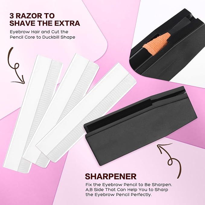 Brow Mapping Kit includes 10m X Black&White Mapping String, 50pcs Eyebrow Ruler Stickers,White and Light Beige Brow Concealer & 2 Brow Brushes, Eyebrow Pencil Razor Sharpener and Instruction