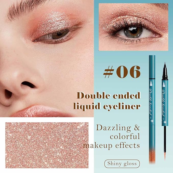 Double-Headed Liquid Sparkling Eyeshadow Eyeliner Pen for Women, Ultra - Fine Tip Glitter Shimmer Liner Shadow for Eye Makeup, High-Pigment Highlighter Brightener Stick,Waterproof Quick - Drying (6#)