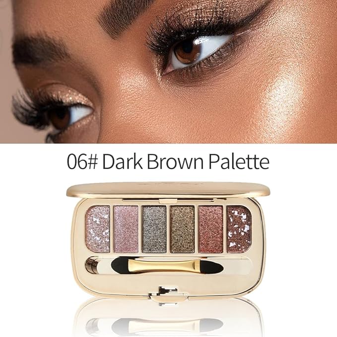 Mivota 6 Colors Pink Gold Brown Glitter Eyeshadow Palette, Diamond Shimmer Eye Shadow Set with Dual-Ended Brush, Waterproof Long-Lasting Makeup Palette for Daily/Party Looks, Travel Size, 06
