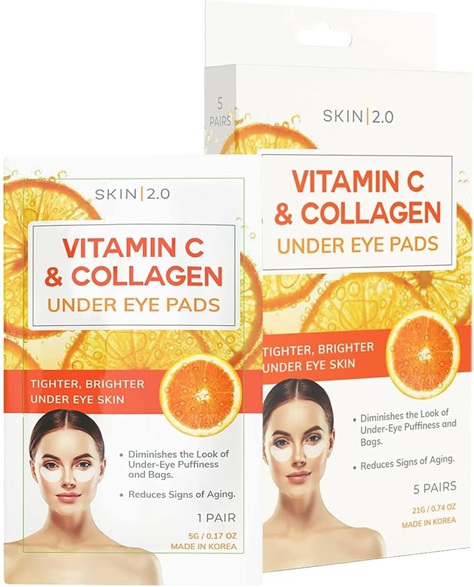 Skin 2.0 Vitamin C & Collagen Under Eye Patches - Dermatologist Tested - Brightens Dark Circles, Tightens Under Eye Area, Anti-Aging - Natural Ingredients Korean Skin Care - All Skin Types - 5 Pairs
