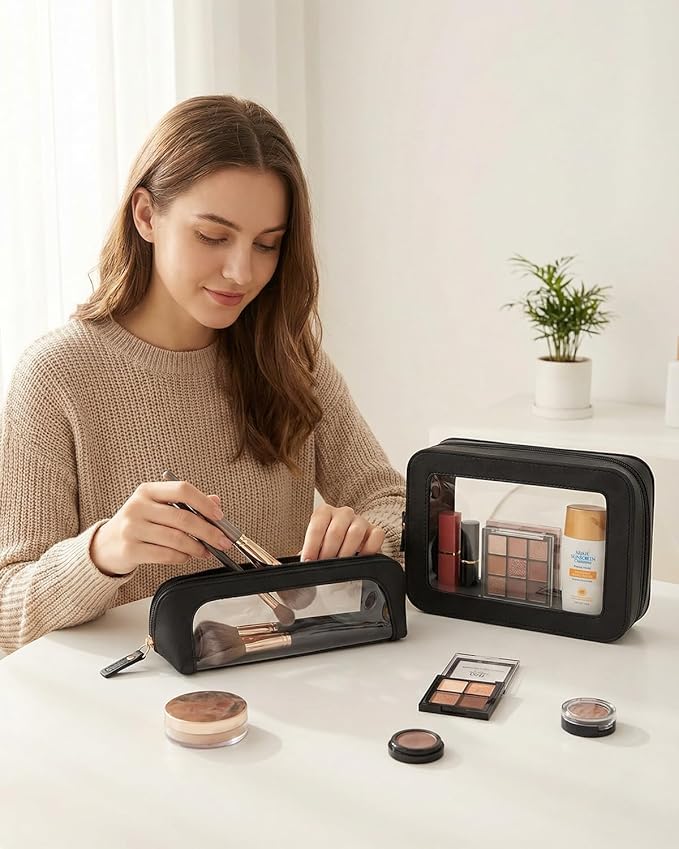 Clear Makeup Bag Set - Travel Toiletry Organizer for Women, Waterproof Cosmetic Pouch & Car Accessories for Women Men Travel Toiletry Bag Skincare Pouch with Golden Zipper (2Pack-Standard&Slim, Black)