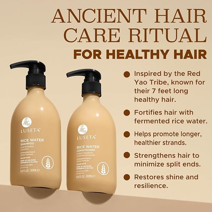 Luseta Rice Water Shampoo and conditioner Set Strengthening & Nourishing Revitalizes Shine for All Hair Types Hydrating & Frizz Control for Women and Men 33.8oz*2