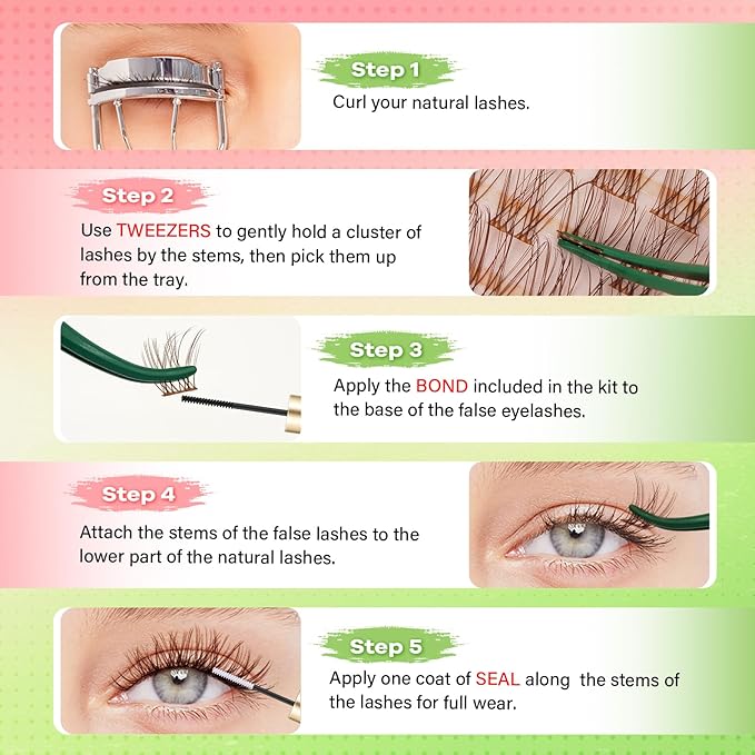 KEYYOU Venus Brown Lash Clusters Kit Fairy Lash Extension Kit C Curl 120Pcs Eyelash Extension Wispy Natural Invisible Band Lash with Waterproof DIY Lash Extension Kit at Home(Venus Brown-C-8-16MIX)
