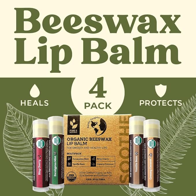 Earth's Daughter USDA Organic Lip Balm 4-Pack - Fruit Flavors, Beeswax, Coconut Oil, Vitamin E - Best Repair Chapstick for Dry Cracked Lips - Moisturizing Lip Care
