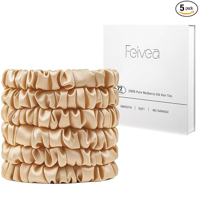 Silk Hair Ties 6Pcs, 22 Momme Pure 100% Mulberry Silk Scrunchies for Women, No Damage Silk Scrunchies for Hair, Gold