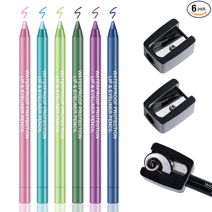 Ownest 6 Colors Eyeliner Gel Pencil, Pearl Metallic Gel Eyeliner Pen, Silky Creamy Eyeliner for Professional Eyes Makeup, High Pigmented Lasting Liner Set, with Two Makeup Pencil Sharpener-Set B