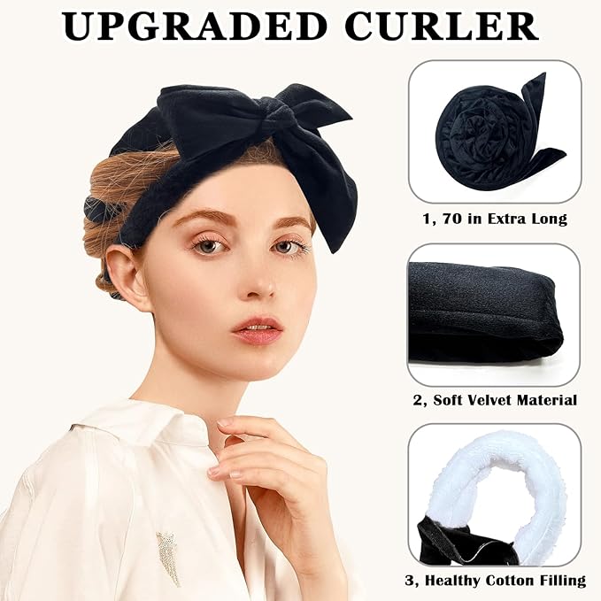 Gwabee No Heat Hair Curlers Overnight Curls Headband - 70" Soft Ribbon Curl Wrap for Long Hair, 9 PCS Curling Rod Set with Bonnet - Black