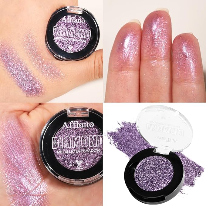 Afflano Sparkle Purple Glitter Eyeshadow One-Swipe Coverage, Diamond Lilac Purple Glitter Eyeshadow Palette Single, Pigmented Metallic Violet Eye Shadow Pallet for Girl Women Bold Eye Look, 7H