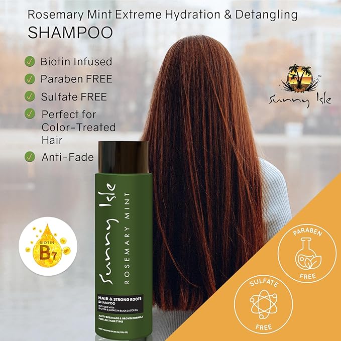 Sunny Isle Rosemary Mint Hair & Strong Roots Shampoo - Anti-Breakage, Growth, Biotin, Castor Oil - 12oz