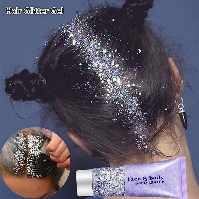 Go Ho Silver and White Body Glitter Set,Singer Concerts Face Glitter Gel Makeup,Holographic Long Lasting Chunky Sequins Glitters for Eye Lip Hair Nails,Festival Rave Accessories,Silver&White