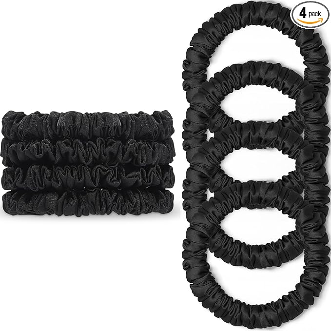 Scrunchies Hair Ties Silk Satin Scrunchy, WantGor Women 4PC Pure Mulberry Silk Skinny Elastic Scrunchies Hair Bands Bracelets Ponytail Holders Hair Accessories (Black*4)