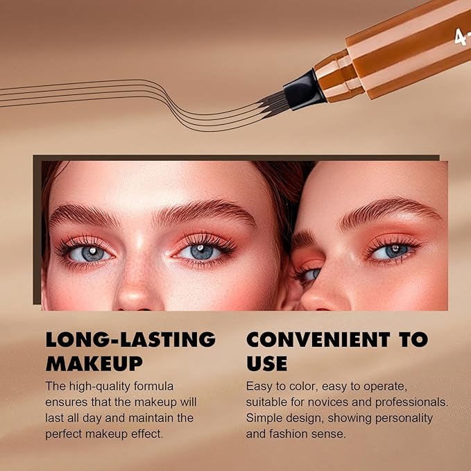 Microblading Eyebrow Pen, 2PCS Magic Waterproof Eyebrow Pencil with 4 Micro-fork Tip, 3D Natural Fine Stroke Eyebrow Pen for Women, Easy to Use Eye Brow Pencil for Defined Makeup (Dark Brown)