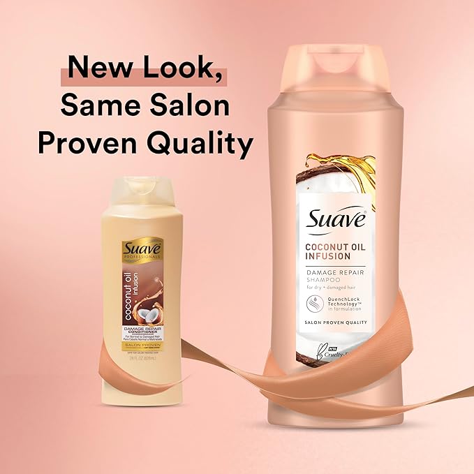 Suave Coconut Oil Damage Repair Shampoo, for Normal, Dry and Damaged Hair, with Pure Coconut Oil Infusion, 28 oz Pack of 4