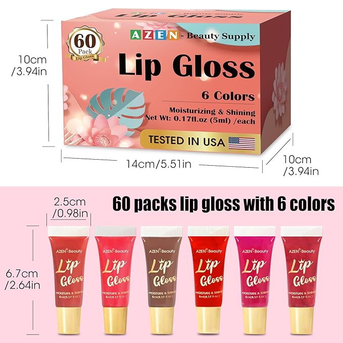 AZEN 60 Pack Lip Gloss Set, Color Lip Oil for Dry Cracked Lips Moisturizing Hydrating Nourishing with Vitamin E, Mothers Day Gifts for Women