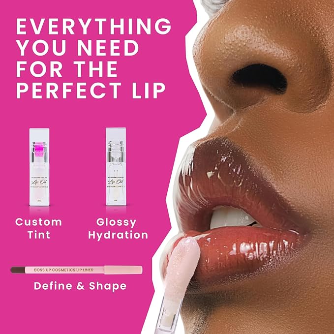 BossUp Cosmetics All-In-One Lip Kit | Dark Brown Lip Liner and Lip Oil Set with Clear and Color Changing Lip Oils | Complete Lip Makeup Kit for Women