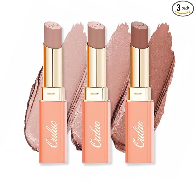 Oulac Beige Nude Satin Lipstick Set - Matte Lip Base, Full Coverage Lip Color, Satin Matte Finish, Cream Texture, Hydrating, Infused with Hyaluronic Acid, 4g*3 SG01+SG02+SG04
