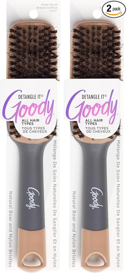 Goody Detangle It Boar Bristle Hair Brush, Use as a Detangling or Styling Brush, Conditions & Boosts Shine, Helps Tackle Knots & Reduce Frizz, For Wet or Dry Hair, Brown/Grey (Pack of 2)