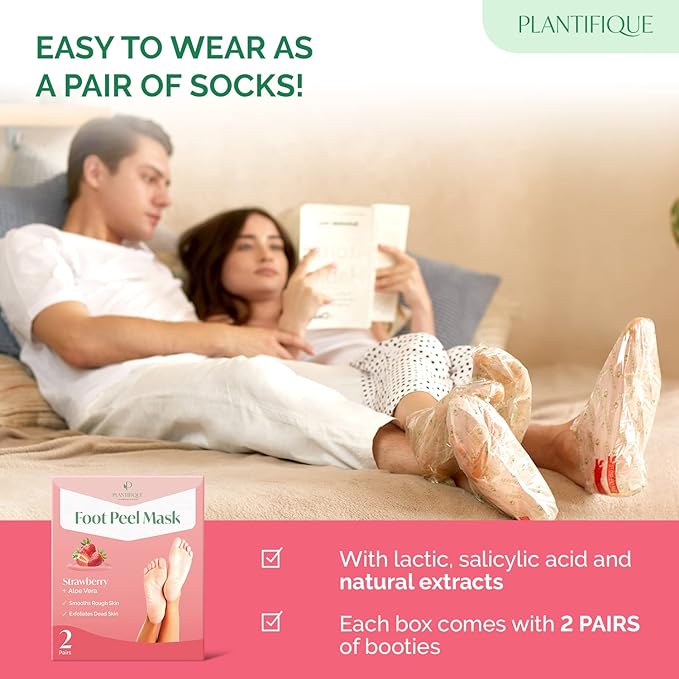 PLANTIFIQUE Foot Peeling Mask 2 Pack | Dermatologically Tested Repairs Heels & Removes Dry Dead Skin for Baby Soft Feet | Exfoliating Foot Peel Mask for Dry Cracked Feet | Strawberry
